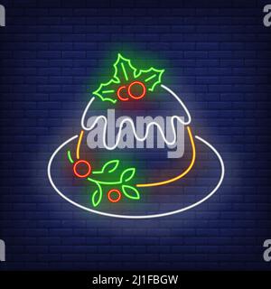 Xmas Pie Neonschild. Dessert, Mistel, Bäckerei. Vektor-Illustration in Neon-Stil für Themen wie Weihnachten, süß, traditionelles Abendessen Stock Vektor