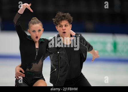 Sud de France Arena, Montpellier, Frankreich. 25. März 2022. Solene Mazingue und Marko Jevgeni Gaidajenko aus Estland während des Pairs Ice Dance, der Eiskunstlauf-Weltmeisterschaft in der Sud de France Arena, Montpellier, Frankreich. Kim Price/CSM/Alamy Live News Stockfoto