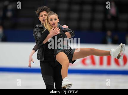 Sud de France Arena, Montpellier, Frankreich. 25. März 2022. Solene Mazingue und Marko Jevgeni Gaidajenko aus Estland während des Pairs Ice Dance, der Eiskunstlauf-Weltmeisterschaft in der Sud de France Arena, Montpellier, Frankreich. Kim Price/CSM/Alamy Live News Stockfoto