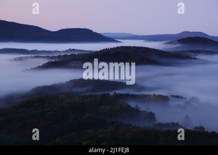 Vor Sonnenaufgang auf Schloss Lindelbrunn im Dahner Felsenland, Rheinland-Pfalz, Deutschland Stockfoto