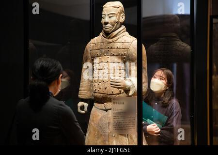 Kyoto, Japan. 25. März 2022. Besucher der Ausstellung „Terrakotta-Krieger und altes China-Erbe aus der Qin- und Han-Dynastie“ im Kyoto City Kyocera Museum of Art in Kyoto, Japan, 25. März 2022. Die am Freitag hier eröffnete Ausstellung findet auch in Shizuoka, Nagoya und Tokio statt. Quelle: Zhang Xiaoyu/Xinhua/Alamy Live News Stockfoto