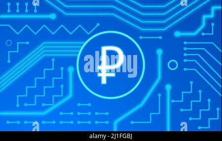 Konzeptuelles Bild des digitalen Rubels mit elektronischer Computerkomponente. Geschäftskonzept des digitalen Geldes Stockfoto