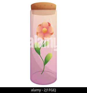 Kleine Blume im Reagenzglas mit Kork. Glasflasche mit Pflanze im Inneren. Isolierte handgezeichnete Vektorgrafik auf weißem Hintergrund. Ökologie Natur, Bio-Kosmetik-Konzept. Stock Vektor