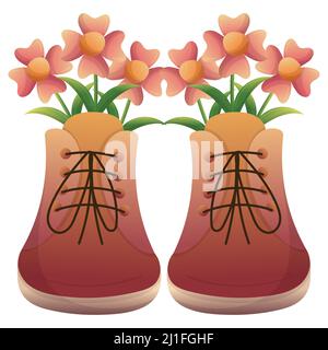 Stiefel mit Frühlingsstrauß von Blumen mit Blättern. Vektor handgezeichnete isolierte Illustrationen. Flacher Cartoon-Stil. Stock Vektor
