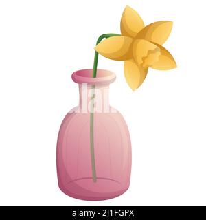 Gelbe Narzissenblume in rosa Glasflasche. Dekoration im rustikalen Stil. Elemente von Hochzeitsdekorationen. Handgezeichnete Vektor-isolierte Illustration. Stock Vektor