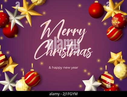 Fröhliche Weihnachten Grußkarte Design mit silbernen Sternen, roten Kugeln und funkelt auf lila Hintergrund. Vektor-Illustration für Neujahrsposter, invitat Stock Vektor