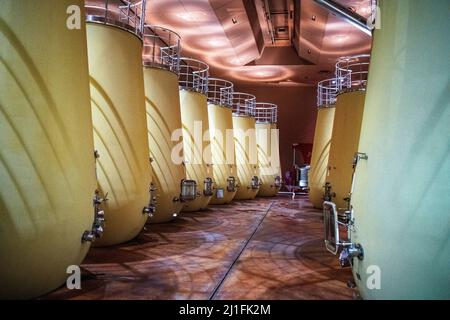 MonteRosola Moderne Weinproduktion in Italien, Betontanks für die Weingärung aus nächster Nähe, Tulpenförmige Betonbehälter. Ein modernes Weinerlebnis in Th Stockfoto