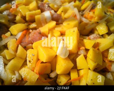 Rohes Gemüse und Fleisch zum Braten. Essen und Kochen Konzept. Natürlicher Hintergrund. Horizontales Foto. Stockfoto