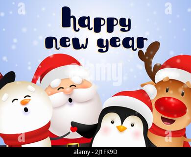 Neujahr Postkarte Design mit niedlichen Santa, Rentier, Pinguin und Schneemann singen und Spaß auf blauem Hintergrund. Vektorgrafik für Weihnachten p Stock Vektor