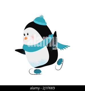 Cute Cartoon Pinguin im Schal und Hut genießen Skaten. Outdoor-Aktivitätskonzept. Vektorgrafik kann für Themen wie Hobby, Weihnachten vac verwendet werden Stock Vektor