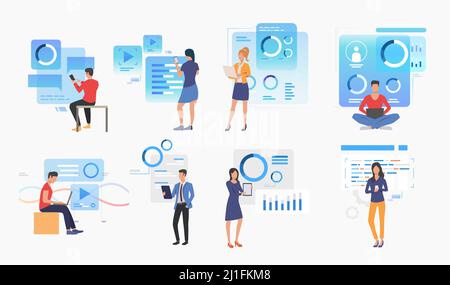 Gruppe von Menschen mit modernen Technologien. Gruppe von Männern und Frauen, die mit Schnittstellen arbeiten. Konzept der Benutzeroberfläche. Vektor-Illustration für Website, Land Stock Vektor