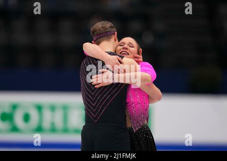 Sud de France Arena, Montpellier, Frankreich. 25. März 2022. Natalie Taschlerova und Filip Taschler aus Tschechien während des Pairs Ice Dance, der Eiskunstlauf-Weltmeisterschaft in der Sud de France Arena, Montpellier, Frankreich. Kim Price/CSM/Alamy Live News Stockfoto