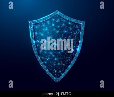 Schutzschild. Cyber-Sicherheitskonzept mit leuchtendem Low-Poly-Schild auf dunkelblauem Hintergrund. Drahtmodell mit geringem Poly-Design. Abstrakt futuristischer Vektor-Illus Stock Vektor