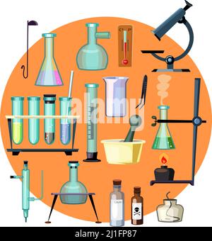Abbildung des Sets für Laborgeräte. Mikroskop und verschiedene Kolben auf orangefarbenem Hintergrund. Kann für Themen wie Experimente, Chemie, Wissenschaft verwendet werden Stock Vektor
