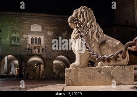 Nahaufnahme einer Löwenskulptur mit einer Metallkette auf der Piazza Vecchia bei Nacht Stockfoto