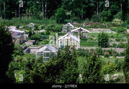 Schrebergarten im Frühling. Ein Grundstück für Familien, um Gemüse für den persönlichen Gebrauch anzubauen. Stockfoto