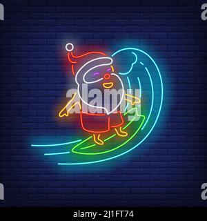 Weihnachtsmann auf Surfbrett Neon-Schild. Glowing Neon Santa, Welle, Board. Neujahr, Weihnachten, Winter. Vektor-Illustration in Neon-Stil für Grußkarte, Stock Vektor