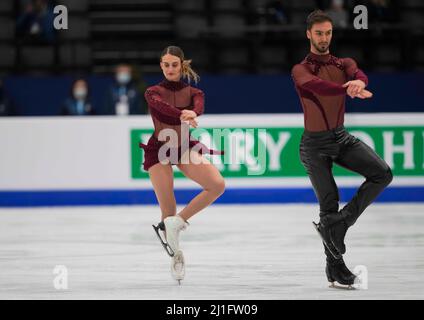 Sud de France Arena, Montpellier, Frankreich. 25. März 2022. Gabriella Papadakis und Guillaume Cizeron aus Frankreich während des Pairs Ice Dance, der Weltmeisterschaft im Eiskunstlauf in der Sud de France Arena, Montpellier, Frankreich. Kim Price/CSM/Alamy Live News Stockfoto