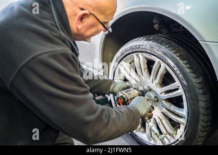 Reifenwerkstatt. Isolierter Mechaniker, der ein Leichtmetallrad an der Vorderachse eines Autos mit professioneller Luftaufprallschraubenpistole montiert. Stockfoto