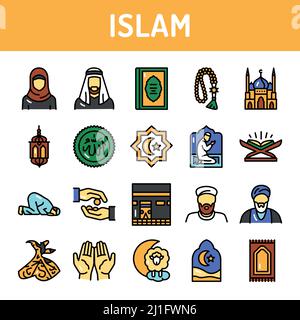 Islam Farblinie Symbole gesetzt. Zeichen für Webseite, mobile App, Schaltfläche. Bearbeitbare Kontur. Stock Vektor