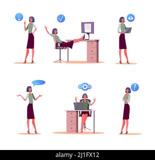 Büroangestellter Arbeitstag. Geschäftsfrau meditiert am Arbeitsplatz, mit Laptop, sprechen, fragen, Idee haben. Geschäftskonzept. Vektorgrafik Stock Vektor