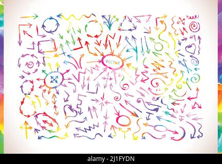 Handgezeichnete Pfeilsymbole gesetzt. Set von bunten Aquarell Pfeile isoliert auf weißem Hintergrund. Stock Vektor