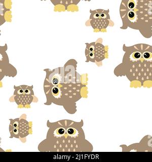 Nahtloses Muster mit Eule auf weißem Hintergrund. Niedliche flache Eulen nahtlose Ornament Stock Vektor