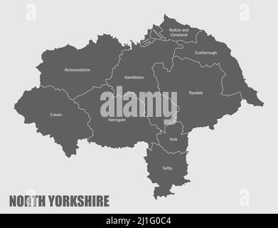 North Yorkshire County, Verwaltungskarte mit Etiketten, England Stock Vektor