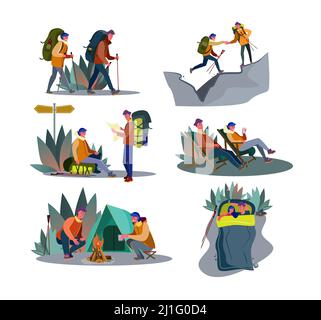 Trekking-Set für Abenteuer. Ein paar Camper wandern, sitzen am Zelt und Lagerfeuer, Rucksack tragen. Flache Vektorgrafiken. Camping, Reisekonzept Stock Vektor