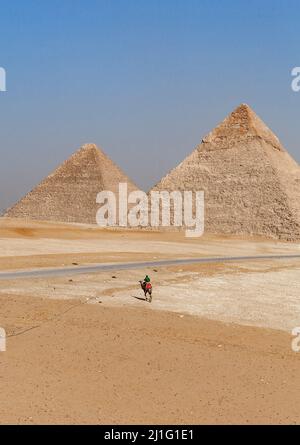 Mann, der auf einem Kamel in der Nähe der Pyramiden Ägyptens reitet Stockfoto