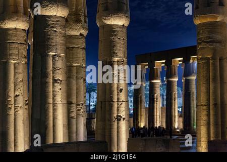 Papyrus-Säulen der Hypostyle-Halle im Hof von Amenhotep III bei Nacht, Luxor-Tempel, Ägypten Stockfoto