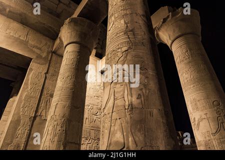 Geschnitzte Säulen, darunter eine Darstellung des gottes Horus, im Tempel von Kom Ombo, in Assuan, bei Nacht Stockfoto