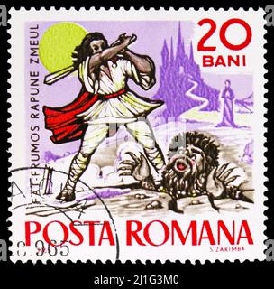 MOSKAU, RUSSLAND - 10. MÄRZ 2022: Die in Rumänien gedruckte Briefmarke zeigt Fat-Frumos und die Serie Giant, Fables and Tales, um 1965 Stockfoto