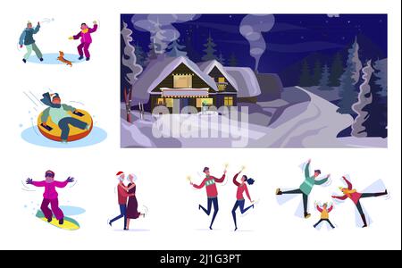Gruppe von Menschen, die sich während der Winterferien entspannen. Flache Vektor-Illustrationen von Menschen, die Schneebälle spielen, Snowboarden, Tanzen. Winterurlaub Konzept f Stock Vektor