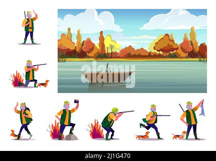 Set von älteren Mann mit Hund auf der Jagd. Flache Vektor-Illustrationen von Jäger mit Gewehr suchen, schießen, Selfie machen. Hunt Konzept für Banner, Website Stock Vektor