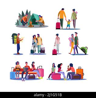 Tourismus und Reise eingestellt. Touristen mit Gepäck, warten im Flughafen, genießen Camping. Flache Vektorgrafiken. Reise, Urlaubskonzept für Banner, Stock Vektor