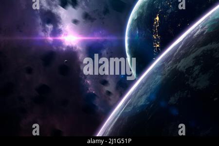 Science-Fiction-Raumtapete, unglaublich schöne Planeten, Galaxien, dunkle und kalte Schönheit des endlosen Universums. Elemente dieses Bildes werden von zur Verfügung gestellt Stockfoto