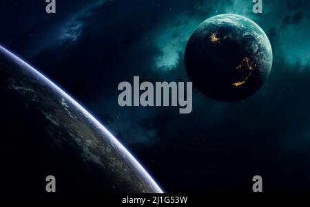 Science-Fiction-Raumtapete, unglaublich schöne Planeten, Galaxien, dunkle und kalte Schönheit des endlosen Universums. Elemente dieses Bildes werden von zur Verfügung gestellt Stockfoto