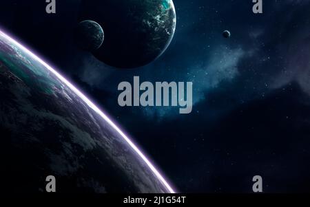 Science-Fiction-Raumtapete, unglaublich schöne Planeten, Galaxien, dunkle und kalte Schönheit des endlosen Universums. Elemente dieses Bildes werden von zur Verfügung gestellt Stockfoto