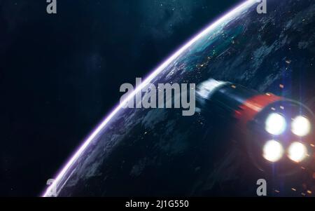 Raumschiff. Science Fiction Weltraum Tapete, unglaublich schöne Planeten, Galaxien, dunkle und kalte Schönheit des endlosen Universums. Elemente dieses Bildes Stockfoto