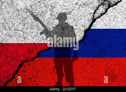 Polen-Russland-Konflikt. Konzept des Krieges und Invasion auf Europa. Flaggen auf Betonwand Hintergrund gemalt Stockfoto