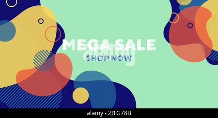 Mega Sale abstraktes Banner-Design mit dynamischen Formen. Flüssige Formen, fließende Flüssigkeit, Minze Hintergrund. Trendiges Design für Plakate, Flyer, Werbung d Stock Vektor