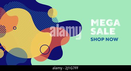 Mega Verkauf abstraktes Banner-Design mit Flux-Formen. Flüssige dynamische Formen, fließende Flüssigkeit, Minze Hintergrund. Trendiges Design für Plakate, Flyer, Werbung Stock Vektor