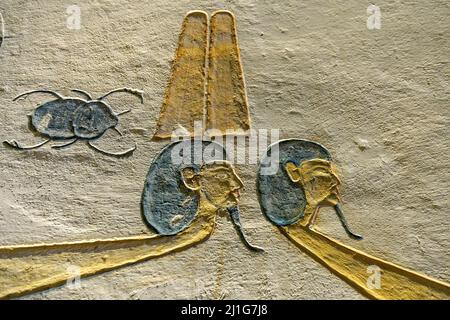 Stern und Bug einer Barke, aus der zweiten Stunde von Amduat, im Grab von Ramesses IX, KV6, im Tal der Könige Stockfoto