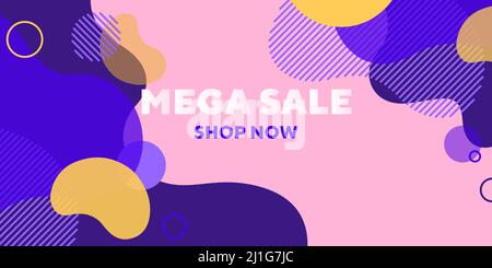 Mega Sale abstraktes Banner-Design mit überlagerte Formen. Flüssige dynamische Formen, fließende Flüssigkeit, rosa Hintergrund. Trendiges Design für Plakate, Flyer, Ader Stock Vektor