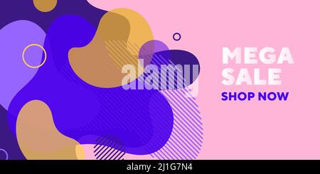 Mega Sale abstraktes Banner-Design mit transparenten Formen. Flüssige dynamische Formen, fließende Flüssigkeit, rosa Hintergrund. Trendiges Design für Plakate, Flyer, ein Stock Vektor