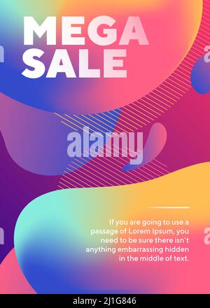 Mega Sale Schriftzug mit abstrakten fließenden Formen. Organische Formen, fließende Flüssigkeit, dynamischer farbiger Hintergrund. Trendiges Design für Plakate, Flyer, Werbung Stock Vektor