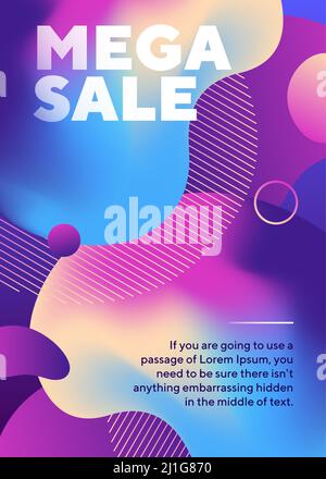 Mega Sale Schriftzug mit dynamischen Neon-Formen. Abstrakte organische Formen, fließende Flüssigkeit, gradientenfarbiger Hintergrund. Trendiges Design für Poster, Flyer Stock Vektor