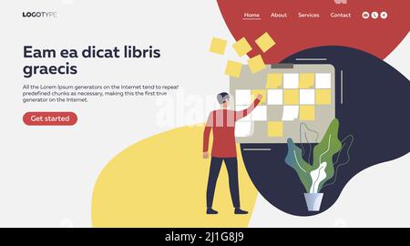 Büromitarbeiter, der Notizen aus der Plantafel entfernt. Kanban-Board, Aufgabe, fertig flache Vektorgrafik. Geschäfts- oder Managementkonzept für Banner, Webs Stock Vektor