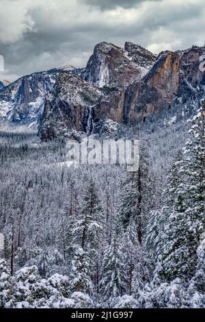 Vertikale Sicht auf das Yosemite Valley mit Cathedral Spires und Bridalveil fällt im Winter nach einem Schneesturm Stockfoto